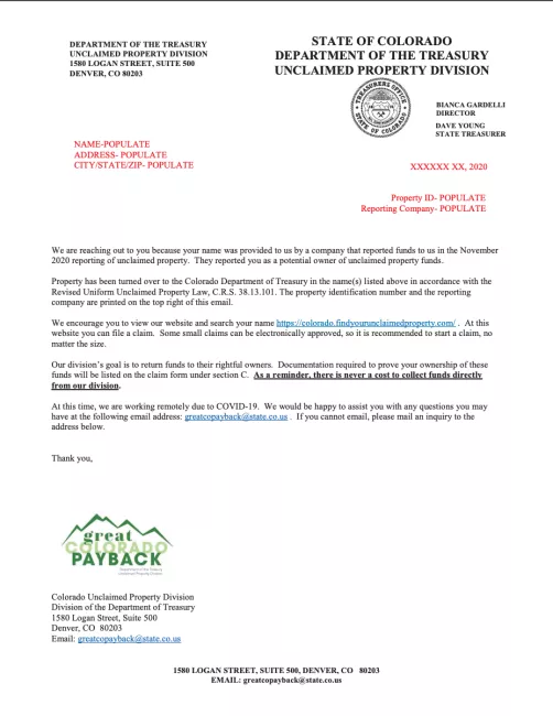 Sample letter from Great CO Payback Campaign